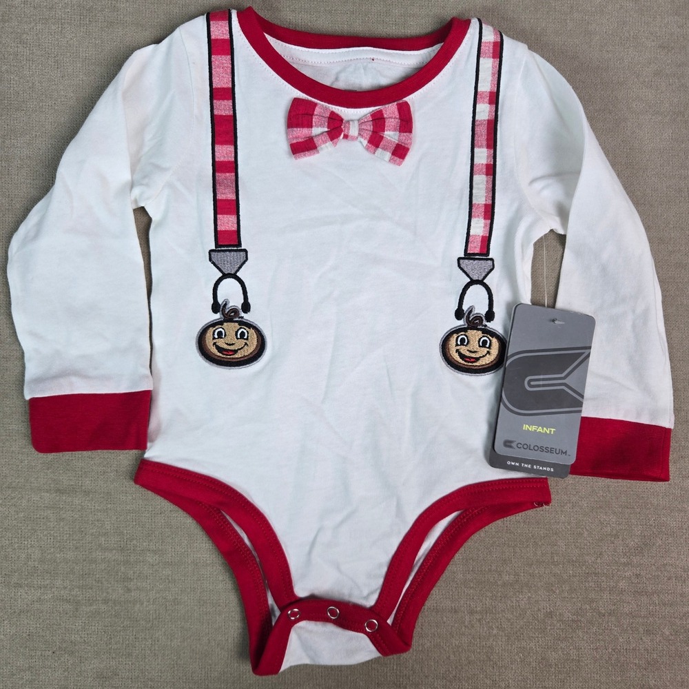 Ohio State Buckeyes OSU Long Sleeve Bodysuit Suspender Bow Tie 6/12 Month‎ * NEW